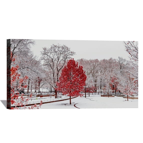 Red Winter Central Park Canvas Wall Art Colorful Autumn Framed Painting For Livingroom Office Bedroom Wall Decor Ready to Hang