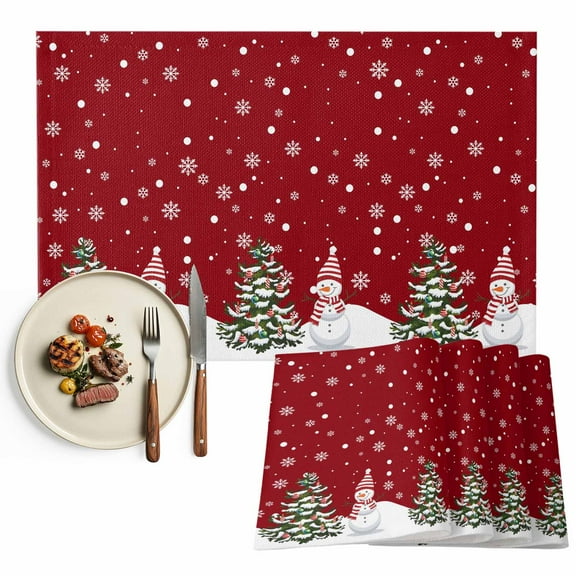 Red Winter Christmas Snowman Placemats Set of 6, White Snowflakes Pattern Table Mats Washable Heat-Insulation Non-Slip Place Mats for Kitchen Dinner Table Indoor Outdoor Decor,13x19 Inch