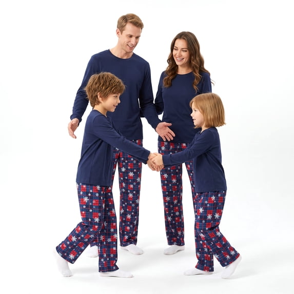 NIPAXO Family Christmas Pajamas Set Matching Long Sleeve Solid Top and Plaid Snowflake Pants Holiday Sleepwear