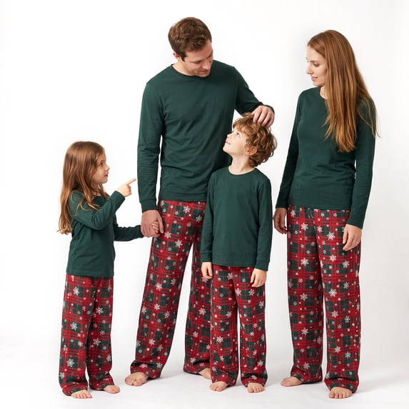 NIPAXO Matching Family Christmas Pajamas Set Solid Green Long Sleeve Top with Red Plaid Pants for Men Women Kids