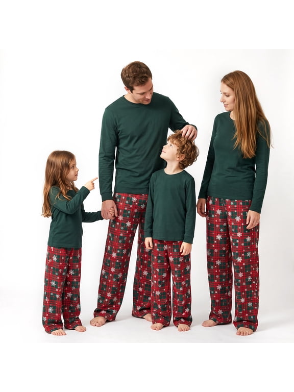 Matching Family Christmas Pajamas Set Solid Green Long Sleeve Top with Red Plaid Pants for Men Women Kids