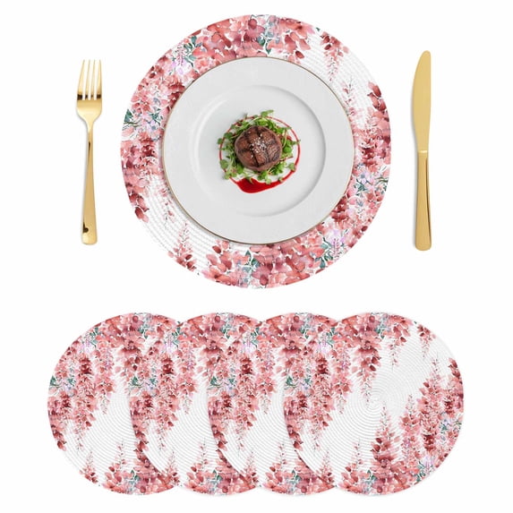 Red Wisteria Round 15 Inch Placemats Set of 4, Sprinng Summer Pastoral Flowers Botanical HeatResistant Non Slip Place Mats for Dining Table, Wipeable Braided Kitchen Table Mats for Housewarming