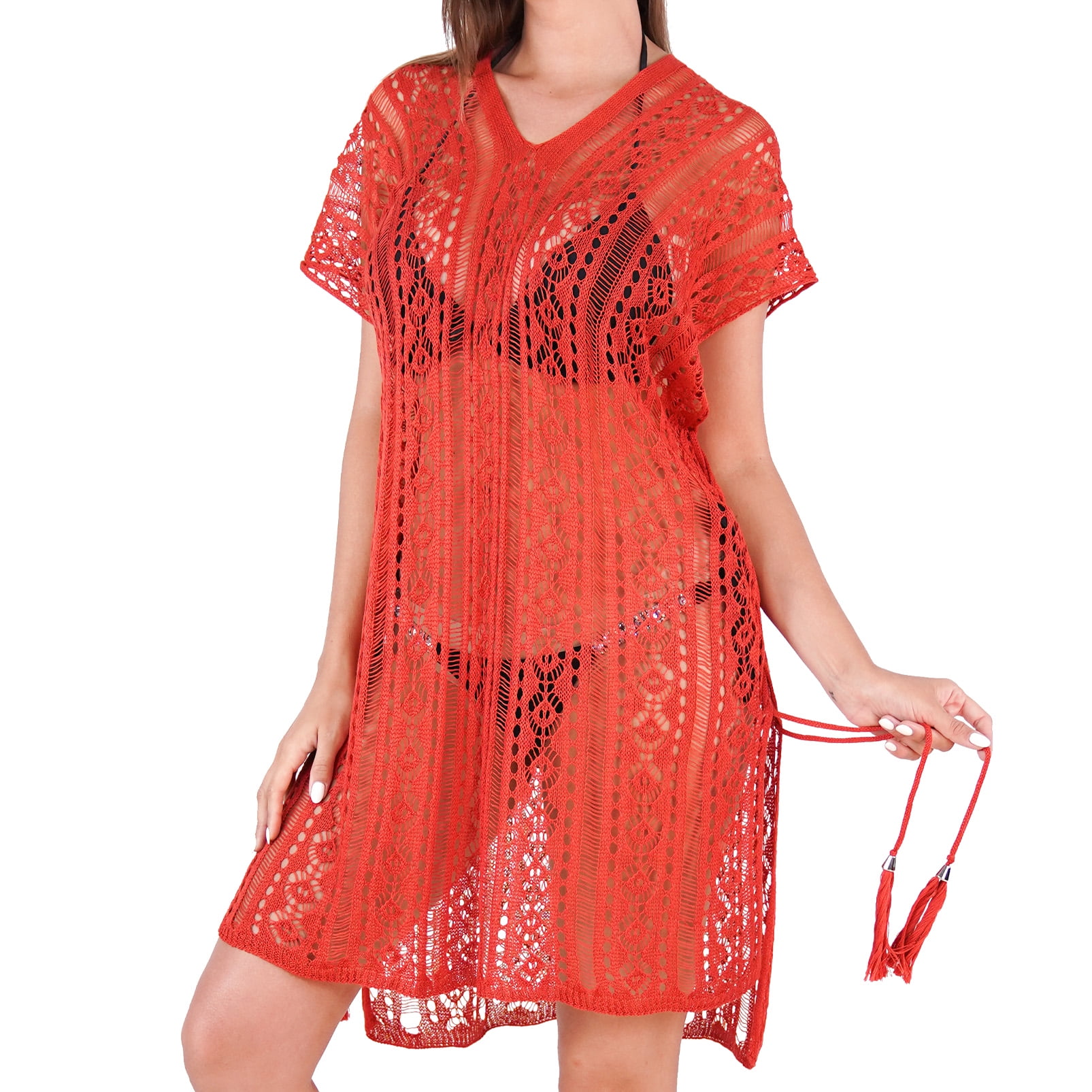 Red Women Bathing Suit Cover Up V Neck Boho Beach Wear Swimsuit Coverup