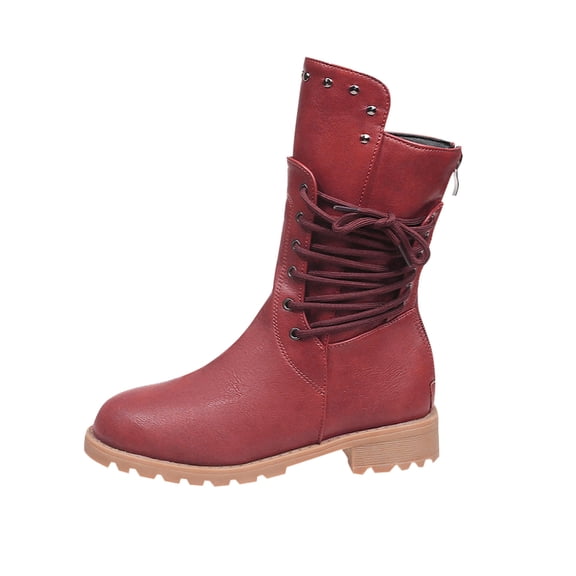 Red Women Boots Chunky Heel Lace Up Back Mid Calf Fashion Casual Fall Winter Shoes