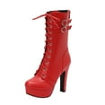 thumbnail image 1 of Red Women Boots With Belt Buckle Lace-Up And High Heel Fashionable For Fall And Winter Ensembles, 1 of 5