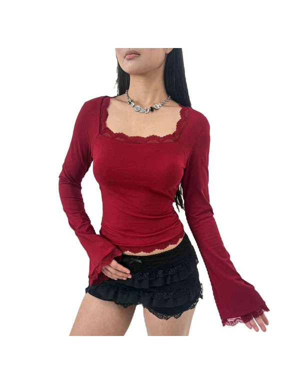 Red Women Elegant Long Sleeve Lace Trim Square Neck Slim Fit Top