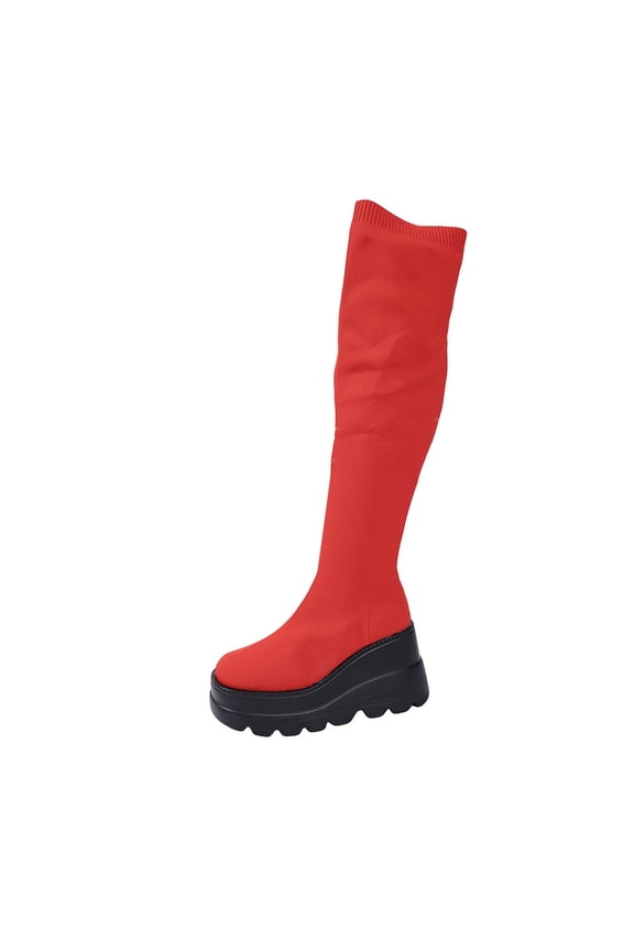 Red Women Fashionable Mesh Stockings Boots With Round Toe Thick Bottom Wedge Heel For Stretch Comfort