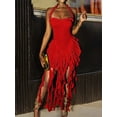 thumbnail image 1 of Red Women Halter Neck Ruffled Bodycon Midi Dress With High Slit For Party Cocktail Evening, 1 of 8