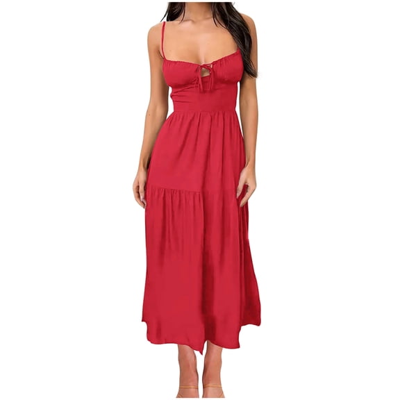 Red Women Lounge Sleeveless Slip Dresses for Women Boat Neck Backless Spandex Long Tie Knot Front Basic Fall Summer 2026 Clothes S
