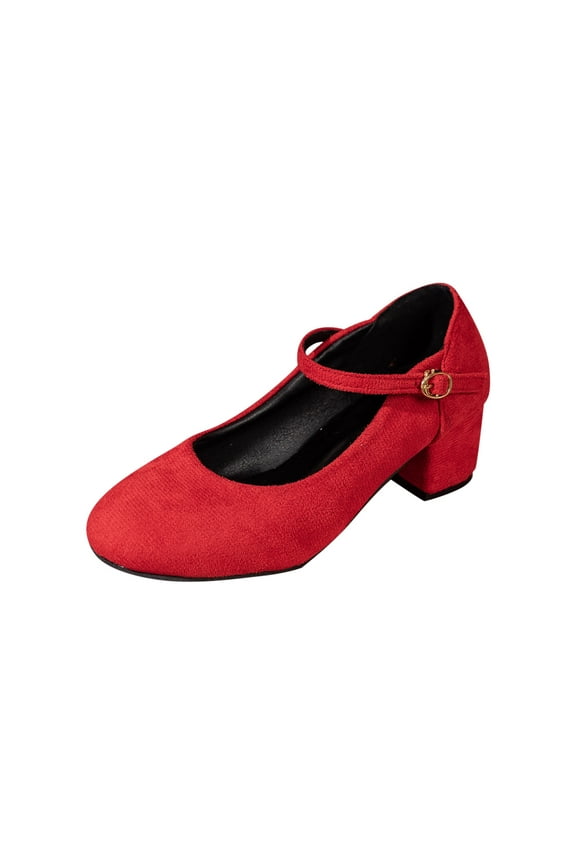 Red Women'S Casual Heels Suede Shoes Medium Heel Block Heel Shoes Straight Buckle Shallow Mouth Size 35 1 Pair Heel Height 0.39 Inches Weight 0.86 Lbs