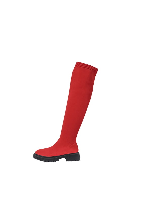 Red Women'S Casual Winter Boots Fashion Solid Round Toe Chunky Low Heel Mesh Elastic Stockings Over-The-Knee Boots Outdoor Indoor Shoes Weight 1.68 Pounds