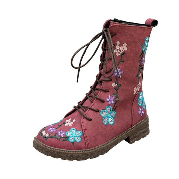 Red Women'S Casual Winter Boots With Flower Embroidery Front Lace-Up And Side Zipper Low Heel Round Toe Design