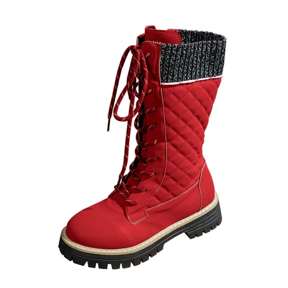 Red Fashionable Women'S Casual Winter Mid Calf Boots Fleece Lined Warm Round Toe Front Lace Side Zipper Low Chunky Heel Comfortable For Outdoor Indoor Daily Wear Us Size 8.5 Weight 1.63 Lb