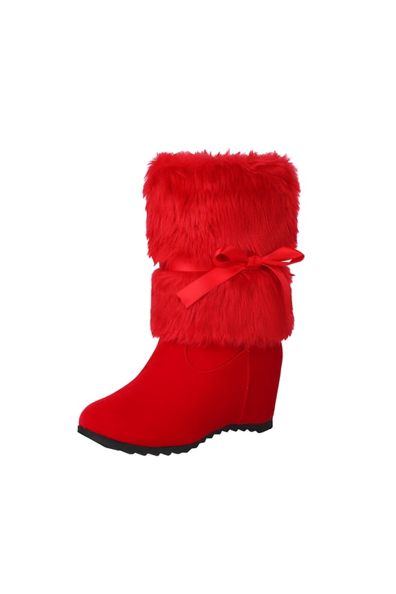 Red Women'S Fashion Winter Boots Ankle High Bow Decor Platform Round Toe Plush Lined Furry Warm Comfortable Non-Slip Cute Short Boots