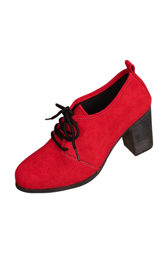 Red Women'S Fashion Winter Heels With Lace-Up Design And 3.1 Inch Thick Heel For Indoor Comfort