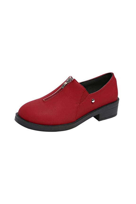 Red Women'S Loafers Round Toe Low Block Heel Zipper Accent Comfortable Non Slip Casual All Season Daily Walking Shoes For Everyday Wear Size 36