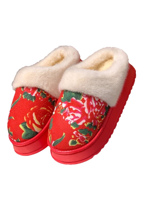 Red Women'S Slippers House Slippers Cozy Warm Faux Fur Thick-Soled Comfy Indoor Home Slide Sandals Couple Slippers 0.71 Lb