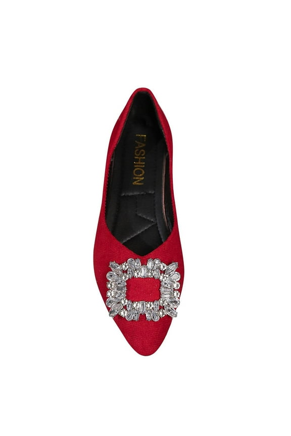 Red Women'S Suede Pointed Toe Diamond Buckle Flat Shoes With Comfortable Design For Outdoor And Indoor