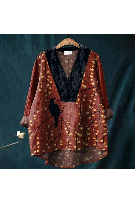 Red Women Shirts, Japanese Traditional Geometric Pattern Printed Women'S Casual Cotton And Linen V Neck Shirt,Women Shirts 4XL