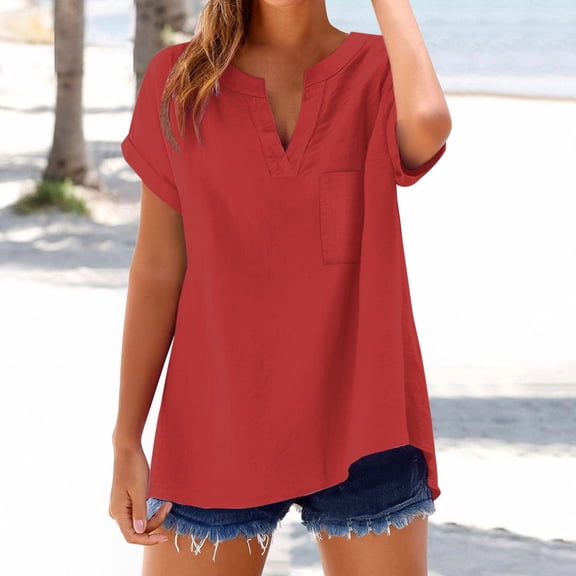 Red Women Shirts, Women'S Fashion Casual V Neck Short Sleeve Top T Shirt,Women Shirts S