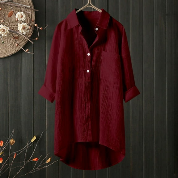 Red Women Shirts, Womens Daily Casual Button V Neck Shirts Long Sleeve Tops Collared Blouses Loose Fit Shirt,Women Shirts XL