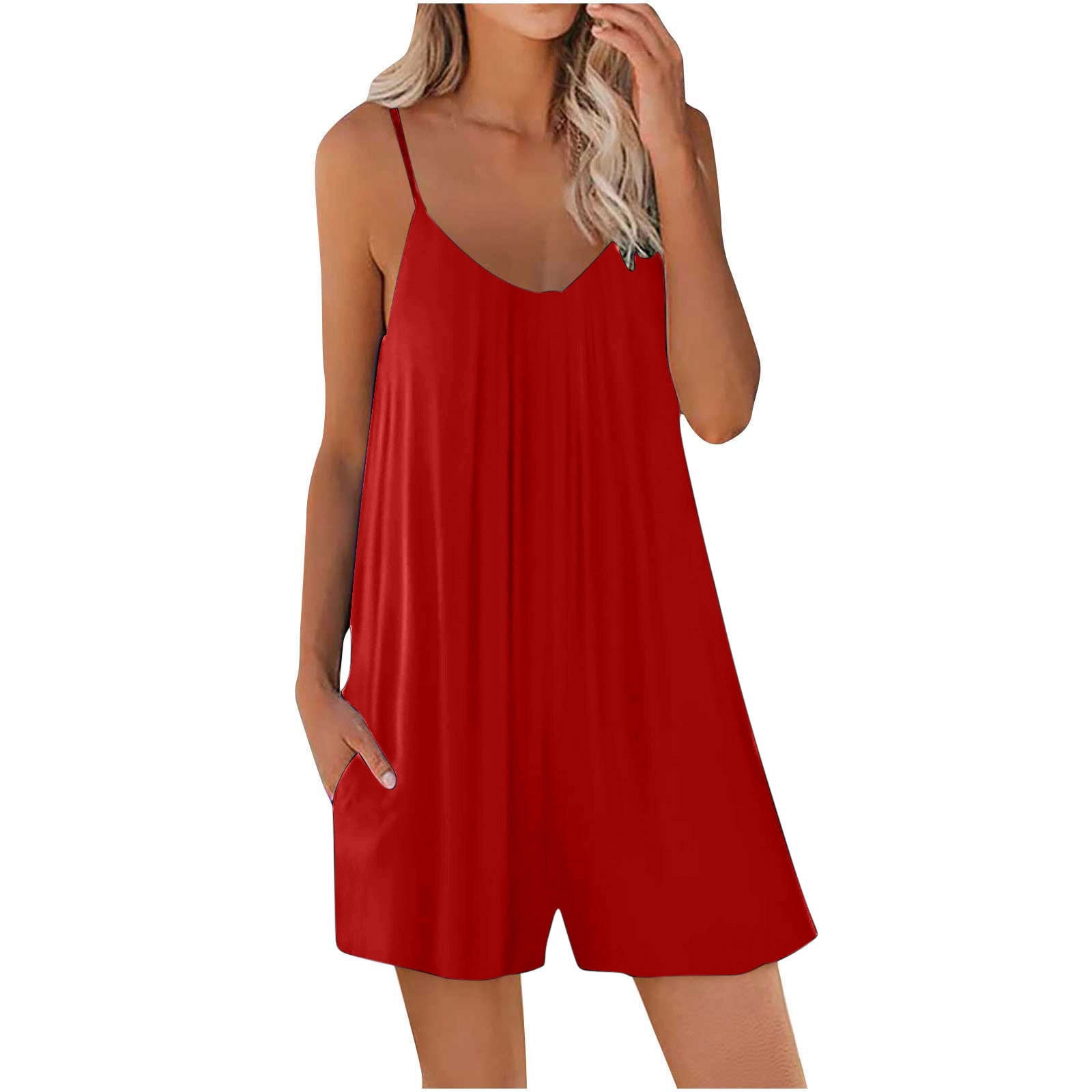 Red Women Shorts Loose Fit Coveralls Shortalls Shorts Unitard for Teen ...