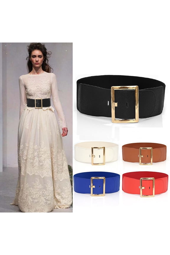 Red Women Wide Elastic Waist Belt PU with Flat Buckle for Jeans Pants Dresses 75X1X7.5