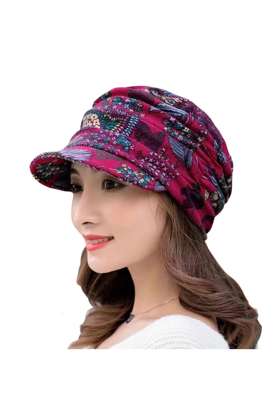 Red Women's Baseball Caps, Short Brim Warm Foldable Earflap Women Cap Ethnic Style Floral Print Autumn Winter Hat Daily Clothing,Women's Accessories Baseball Caps