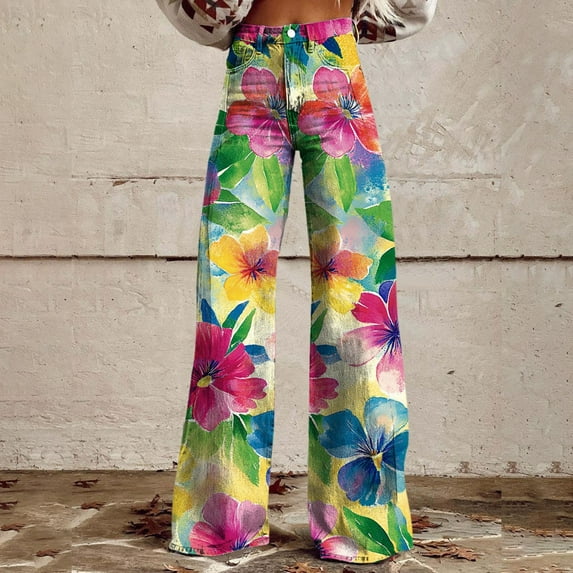 Red Women's Casual Pants, Wide Leg Pants Woman High Waist Floral Patterned Pants Lightweight Loose Fit Casual Colorful Trouser Imitation Jeans,Women's Casual Pants 3XL