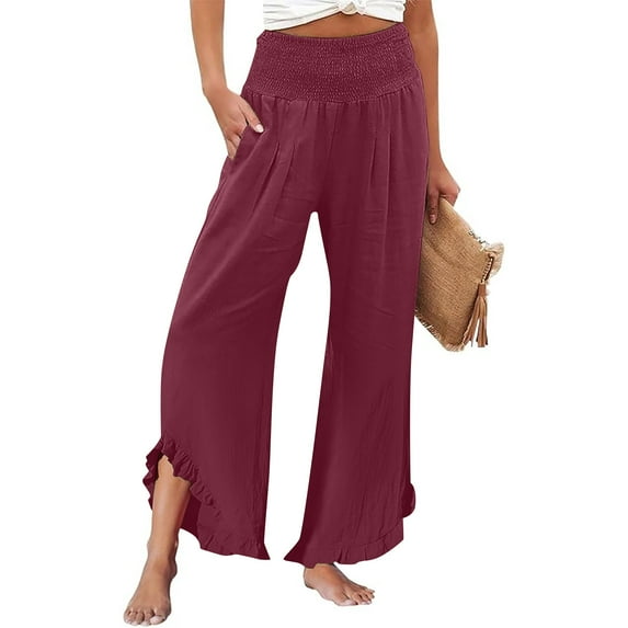 Red Women's Casual Pants, Women'S Solid Color Fashionable Casual High Waisted Pleated Irregular Cotton Linen Loose Pants,Women's Casual Pants S