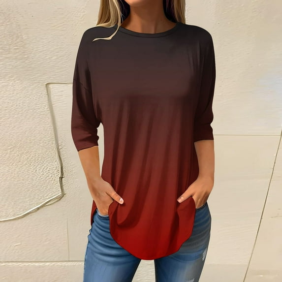 Red Women's Long Sleeve T-shirt, 3/4 Length Sleeve Womens Tops 2025 Spring Neck Casual Print Tunic T Shirts Three Quarter Length Womens Tops,Women's Long sleeve T-shirt L