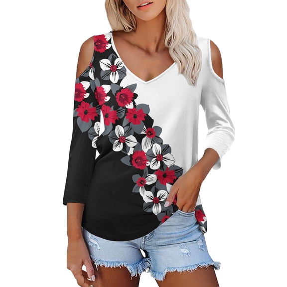 Red Women's Long Sleeve T-shirt, 3/4 Length Sleeve Womens Tops 2025 Spring Neck Casual Print Tunic T Shirts Three Quarter Length Womens Tops,Women's Long sleeve T-shirt S