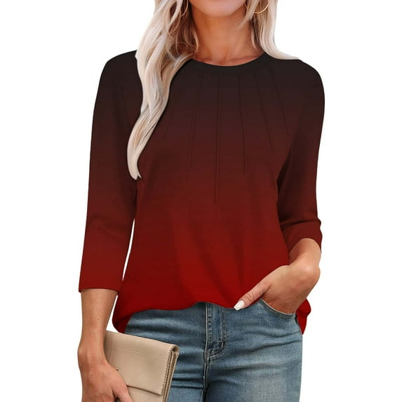Red Women's Long Sleeve T-shirt, 3/4 Length Sleeve Womens Tops Round Neck Casual Tunic Tops Basic Pleated Shirts Loose Fit 2025,Women's Long sleeve T-shirt M