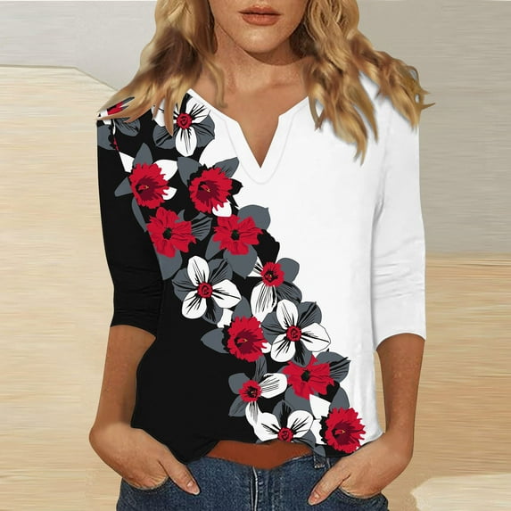 Red Women's Long Sleeve T-shirt, 3/4 Sleeve Tops For Women Summer Notched V Neck Plain T Shirts Casual Cute Three Quarter Length Blouses,Women's Long sleeve T-shirt L