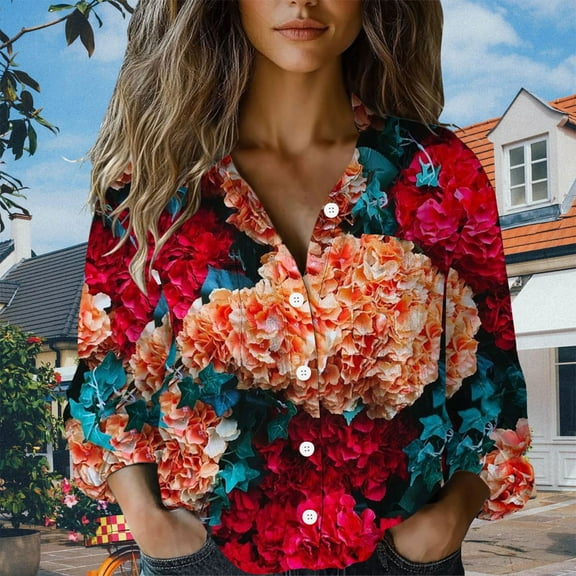 Red Women's Long Sleeve T-shirt, Women Cotton Shirt Printed Fashion Button Down Shirts Casual Tops Long Sleeve Blouse,Women's Long sleeve T-shirt S