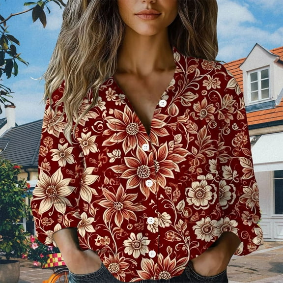 Red Women's Long Sleeve T-shirt, Women Cotton Shirt Printed Fashion Button Down Shirts Casual Tops Long Sleeve Blouse,Women's Long sleeve T-shirt S