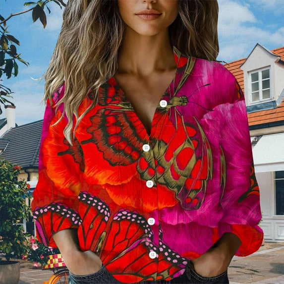 Red Women's Long Sleeve T-shirt, Women Cotton Shirt Printed Fashion Button Down Shirts Casual Tops Long Sleeve Blouse,Women's Long sleeve T-shirt XL
