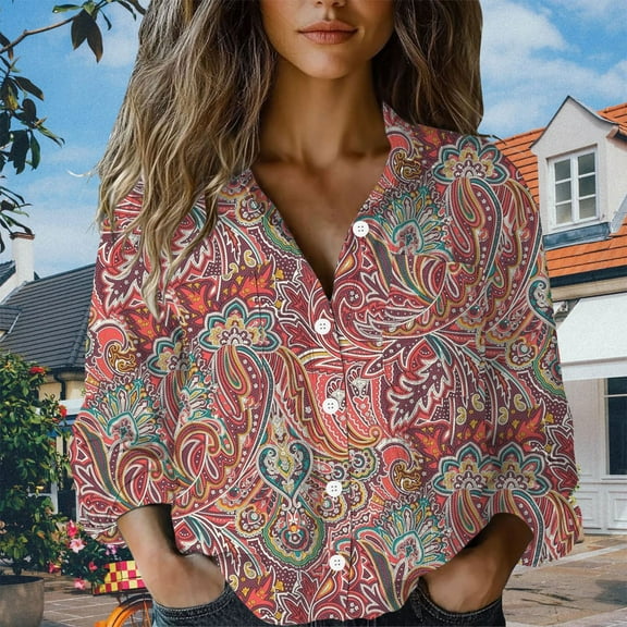 Red Women's Long Sleeve T-shirt, Women Cotton Shirt Printed Fashion Button Down Shirts Casual Tops Long Sleeve Blouse,Women's Long sleeve T-shirt XL