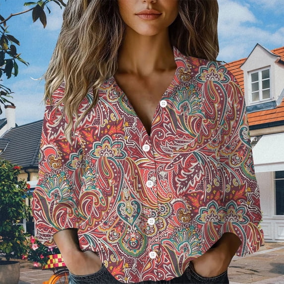 Red Women's Long Sleeve T-shirt, Women Cotton Shirt Printed Fashion Button Down Shirts Casual Tops Long Sleeve Blouse,Women's Long sleeve T-shirt XXL