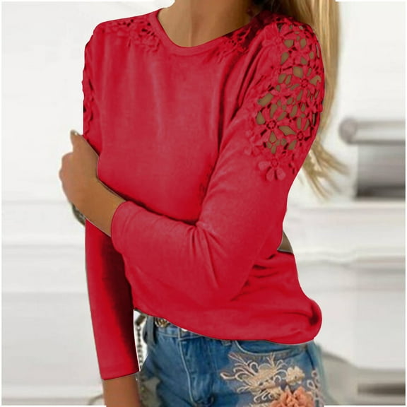 Red Women's Long Sleeve T-shirt, Women'S Round Neck Solid Color Hollow Stitching Long Sleeved T Shirt,Women's Long sleeve T-shirt S
