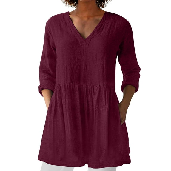 Red Women's Long Sleeve T-shirt, Women'S Spring And Summer New Cotton And V Neck Mid Sleeve Mid Length T Shirt,Women's Long sleeve T-shirt L