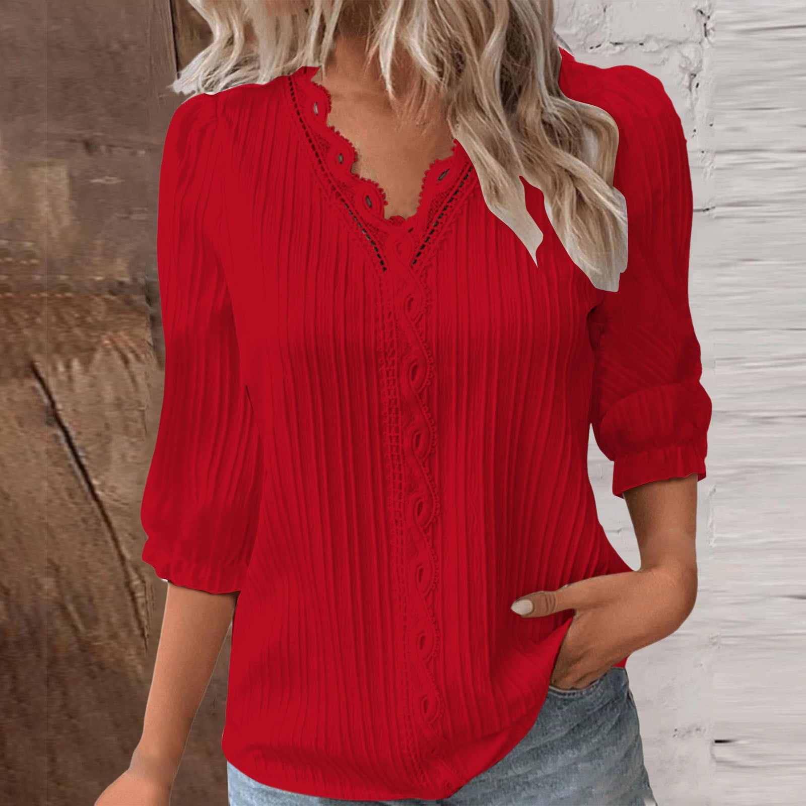 Casual Red Lace Long Sleeve Shirt