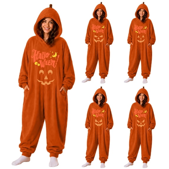Red Women's Pajamas Plush Cosplay Pumpkin One Piece Pajs Polyester Halloween Cute Pumpkin Onesie Pajamas for Women Men Funny Party Cosplay Costume Family Hooded Plush Cozy Warm Sleepwear S
