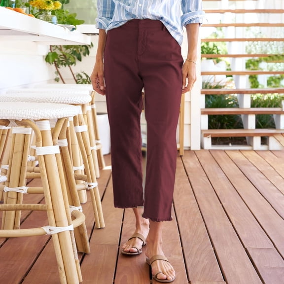 Red Women's Pants Cropped Linen Pants Women High Waisted Straight Leg Work Pants Business Casual Ankle Pants with Pockets