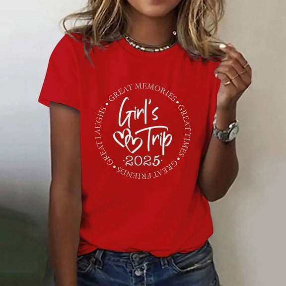 Red Women's Short Sleeve T-shirt, Girl'S Trip 2025 T Shirt Women'S Fashion Round Neck Casual Short Sleeves,Women's Short sleeve T-shirt 3XL