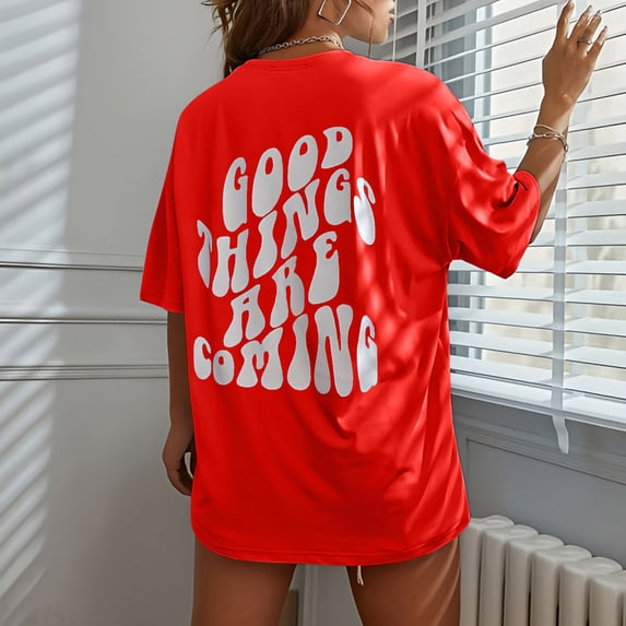 Red Women's Short Sleeve T-shirt, Good Things Are Coming Women'S Letter Printed Shirt Short Sleeve Round Neck T Shirt Fashion Top Lightweight Soft Casual Summer Clothing Clothes,Women's Short sleeve T