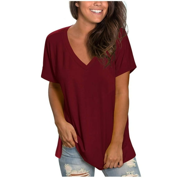 Red Women's Short Sleeve T-shirt, Women'S Casual Comfort V-Neck Solid Color Pocket Loose Fit Short Sleeve Shirt,Women's Short sleeve T-shirt S