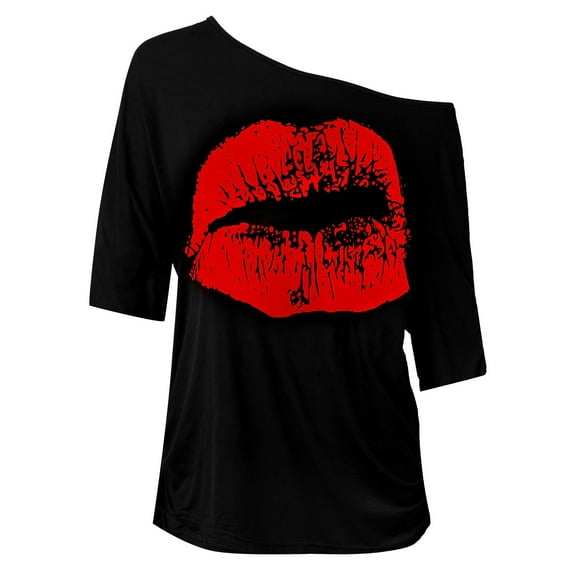 Red Women's Short Sleeve T-shirt, Women'S Casual Off Shoulder Shoulder Nostalgic Big Lip Print 80S Clothing Women'S Shoulder Medium Sleeved T Shirt Top,Women's Short sleeve T-shirt XL