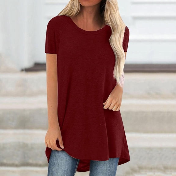 Red Women's Short Sleeve T-shirt, Women'S Spring And Summer Solid Color Rag Shoulder Long T Shirt Round Neck Loose Short Sleeved Pullover Top For Women,Women's Short sleeve T-shirt 4XL