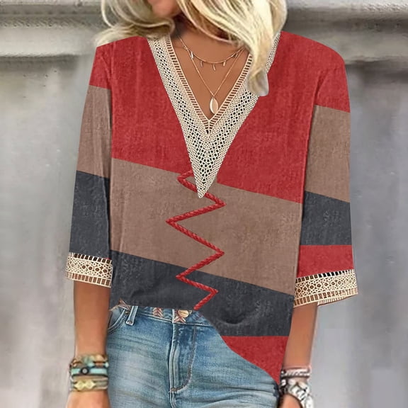 Red Women's Short Sleeve T-shirt, Women'S V Neck Lace Edge Gradient Print Loose Seven Quarter Sleeve T Shirt,Women's Short sleeve T-shirt S